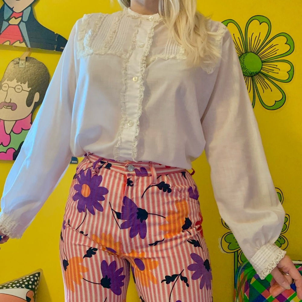 Vintage 1960s white lace billow sleeve blouse L